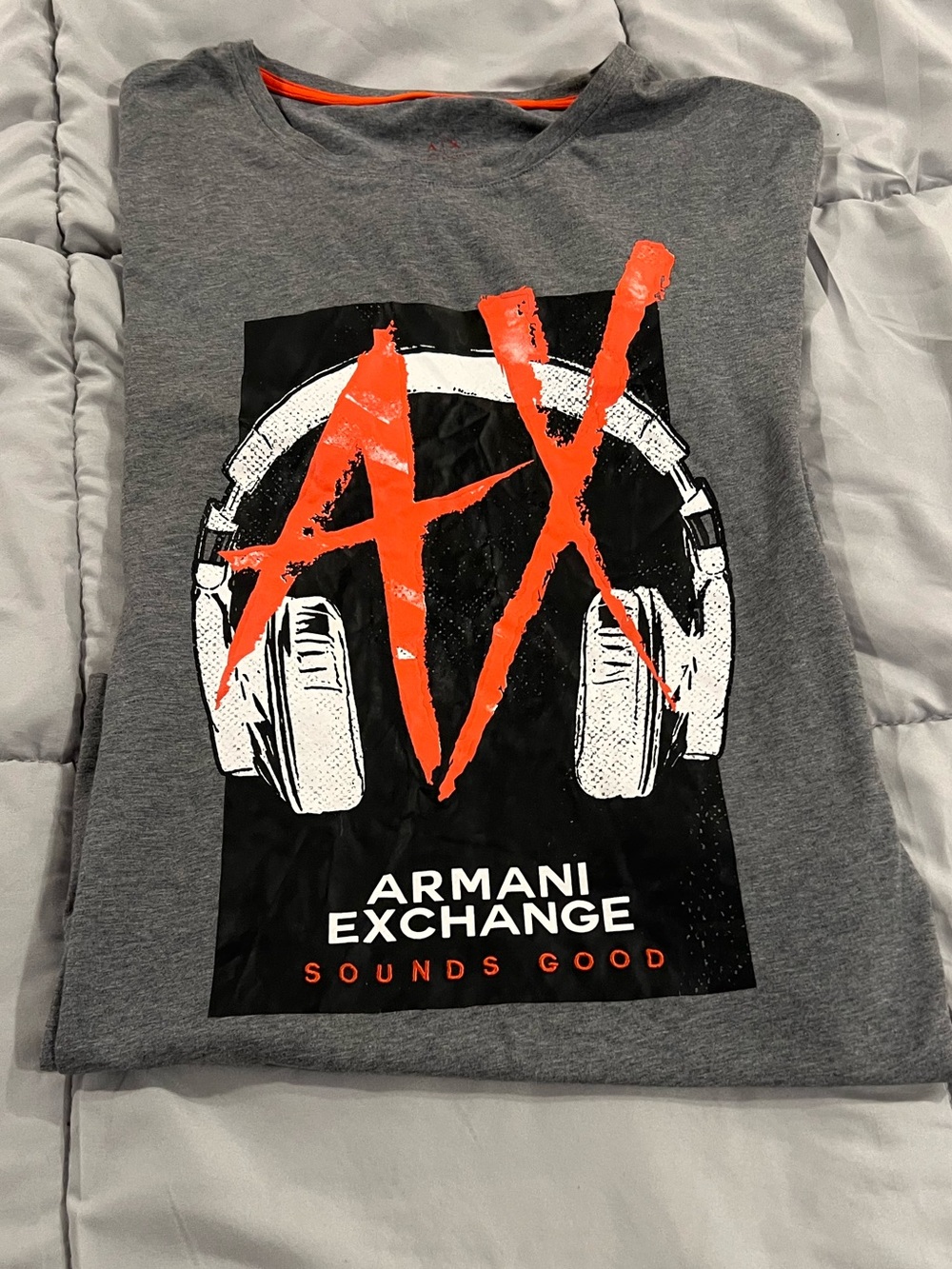Armani Exchange Men's XXL Heather Gray Tee with Bright Orange AX Graphic
